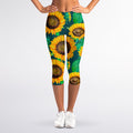 Green Watercolor Sunflower Pattern Print Women's Capri Leggings