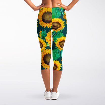 Green Watercolor Sunflower Pattern Print Women's Capri Leggings
