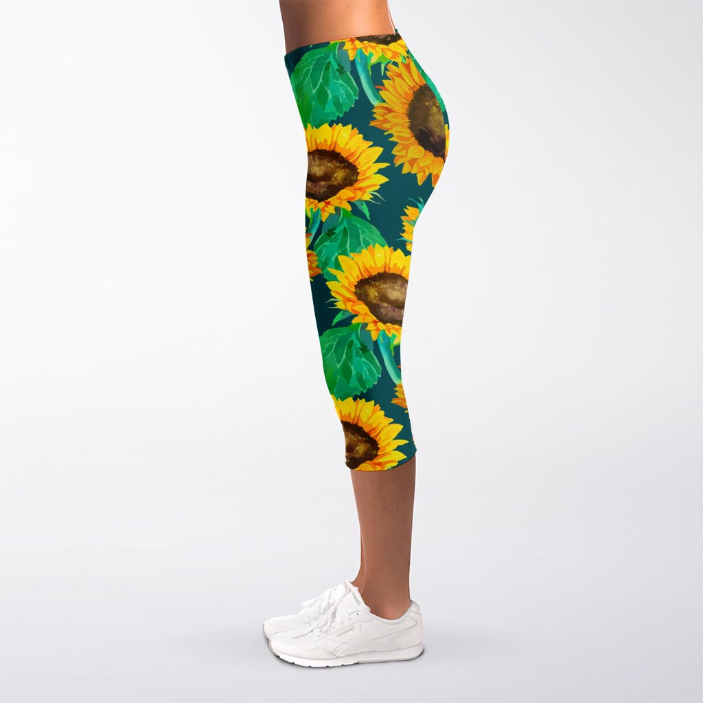 Green Watercolor Sunflower Pattern Print Women's Capri Leggings