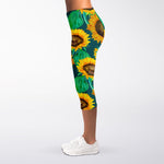 Green Watercolor Sunflower Pattern Print Women's Capri Leggings