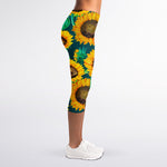 Green Watercolor Sunflower Pattern Print Women's Capri Leggings