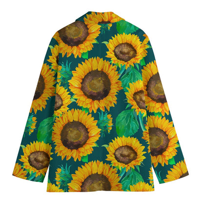 Green Watercolor Sunflower Pattern Print Women's Cotton Blazer