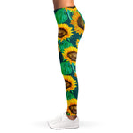 Green Watercolor Sunflower Pattern Print Women's Leggings