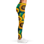 Green Watercolor Sunflower Pattern Print Women's Leggings