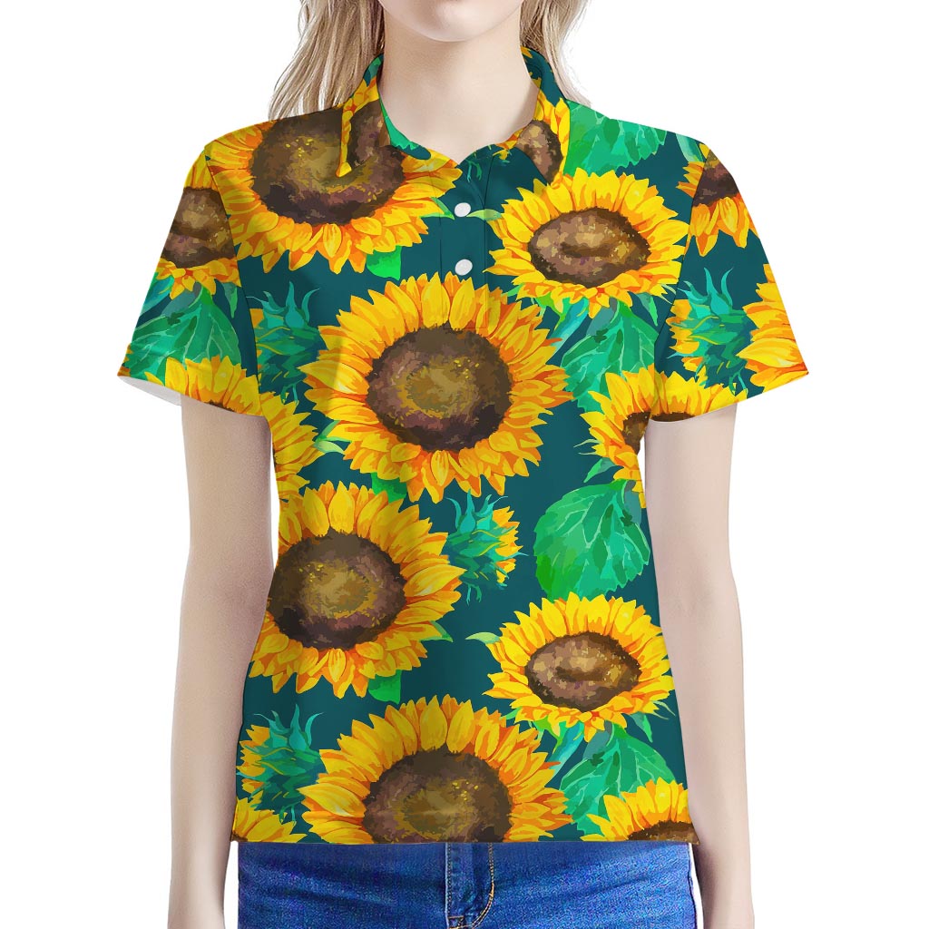Green Watercolor Sunflower Pattern Print Women's Polo Shirt