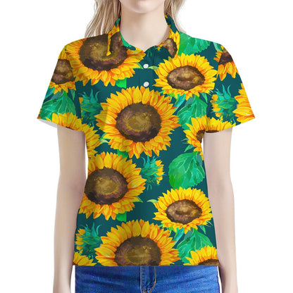 Green Watercolor Sunflower Pattern Print Women's Polo Shirt