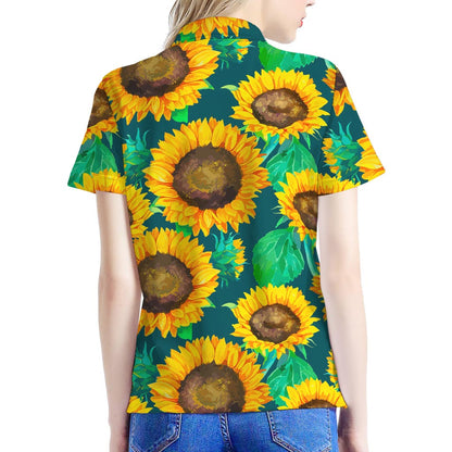 Green Watercolor Sunflower Pattern Print Women's Polo Shirt