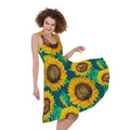 Green Watercolor Sunflower Pattern Print Sleeveless Knee Length Dress