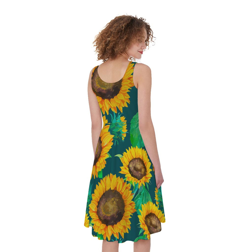 Green Watercolor Sunflower Pattern Print Women's Sleeveless Dress