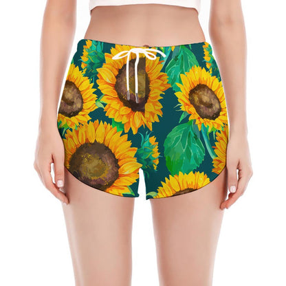 Green Watercolor Sunflower Pattern Print Women's Split Running Shorts