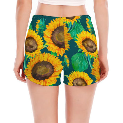 Green Watercolor Sunflower Pattern Print Women's Split Running Shorts