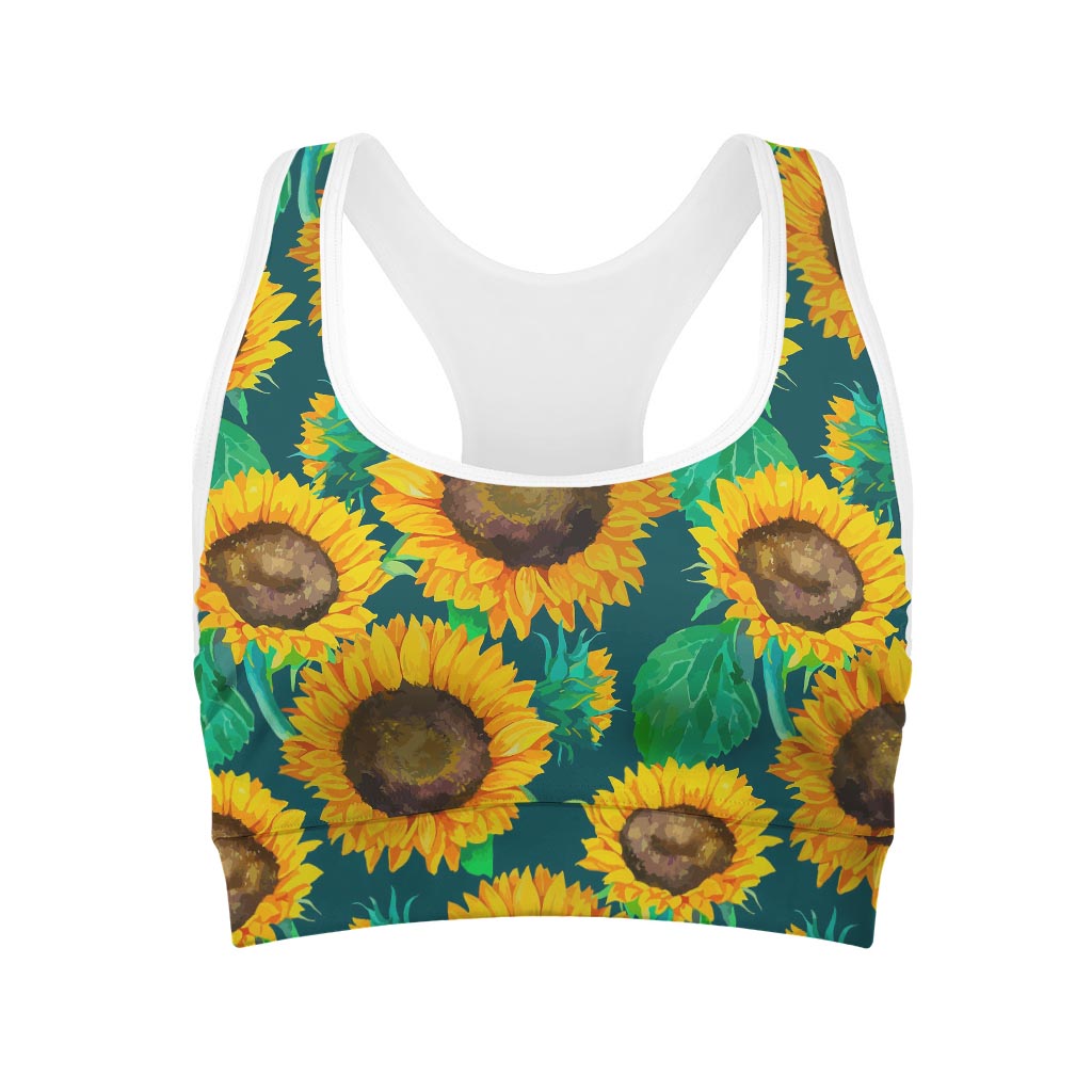 Green Watercolor Sunflower Pattern Print Women's Sports Bra