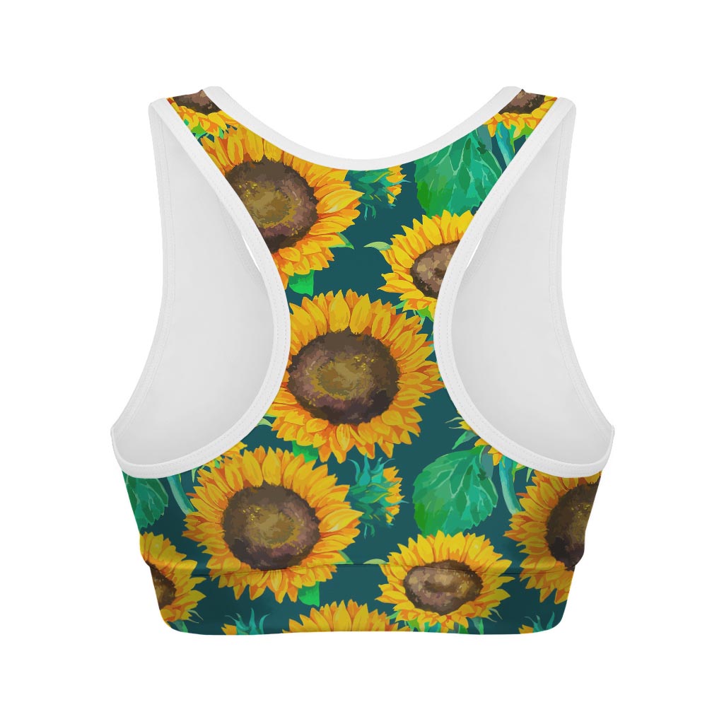 Green Watercolor Sunflower Pattern Print Women's Sports Bra