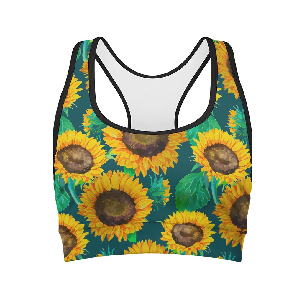 Green Watercolor Sunflower Pattern Print Women's Sports Bra