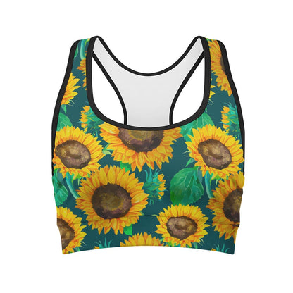 Green Watercolor Sunflower Pattern Print Women's Sports Bra