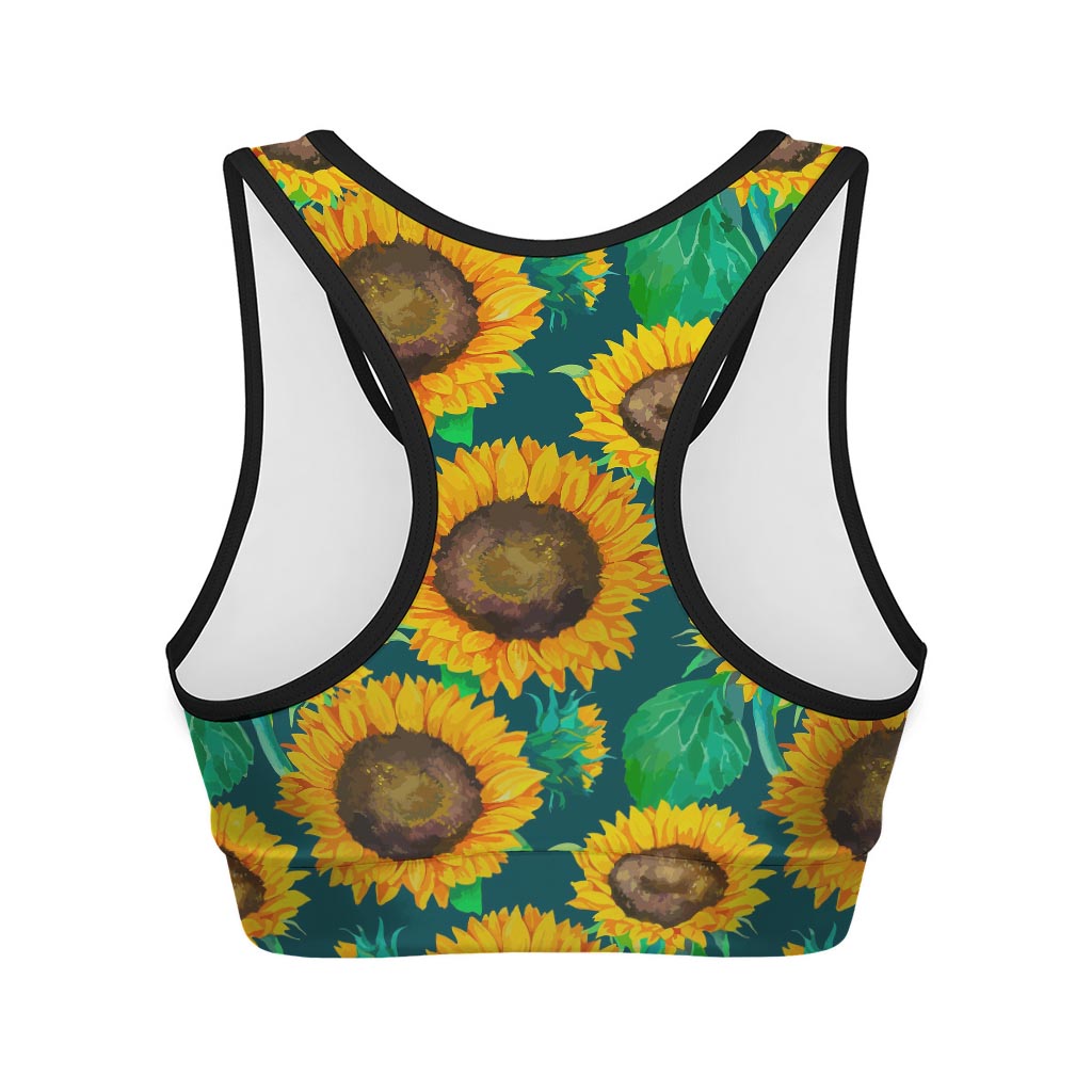Green Watercolor Sunflower Pattern Print Women's Sports Bra