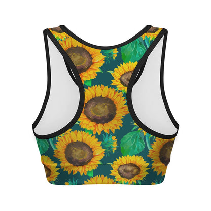 Green Watercolor Sunflower Pattern Print Women's Sports Bra
