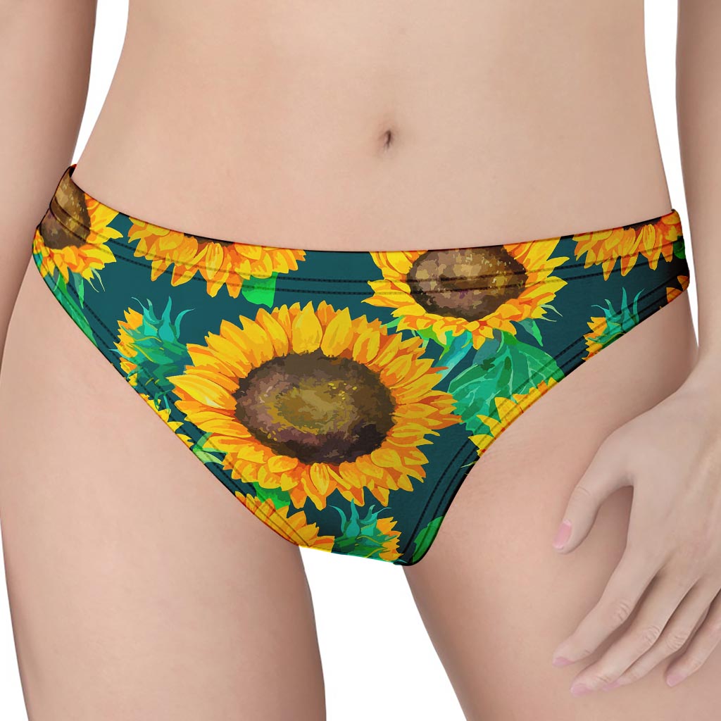 Green Watercolor Sunflower Pattern Print Women's Thong