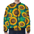 Green Watercolor Sunflower Pattern Print Zip Sleeve Bomber Jacket