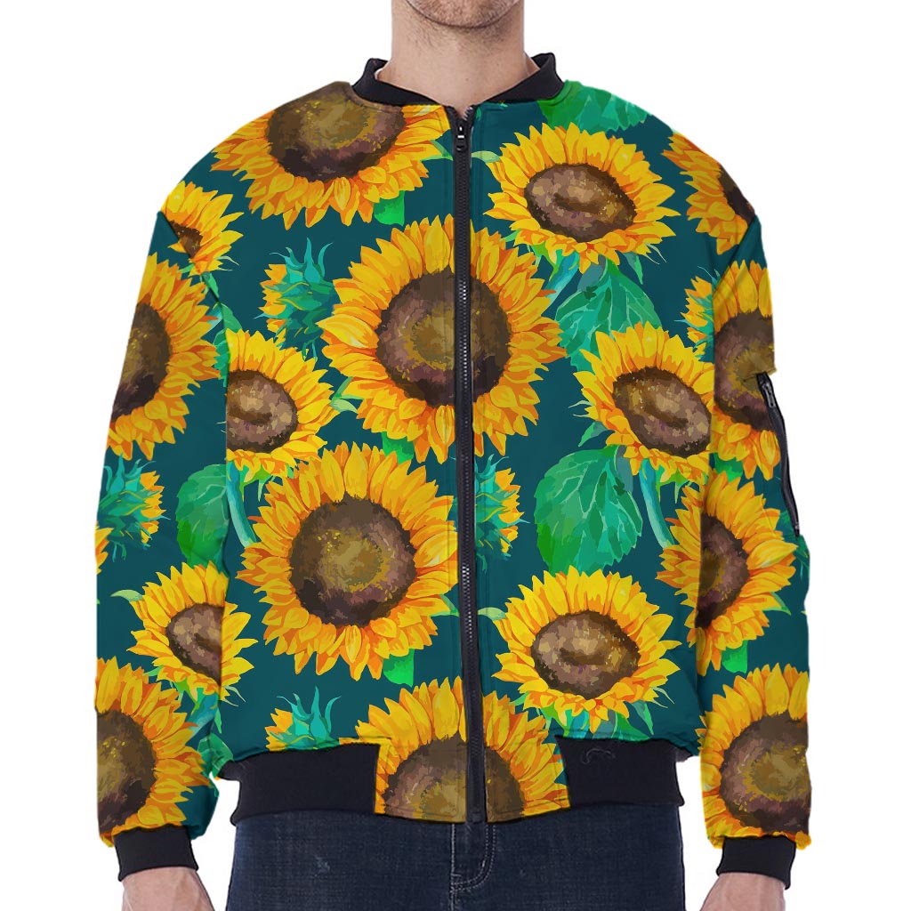 Green Watercolor Sunflower Pattern Print Zip Sleeve Bomber Jacket