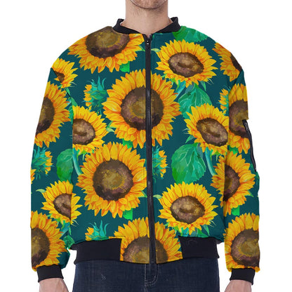 Green Watercolor Sunflower Pattern Print Zip Sleeve Bomber Jacket