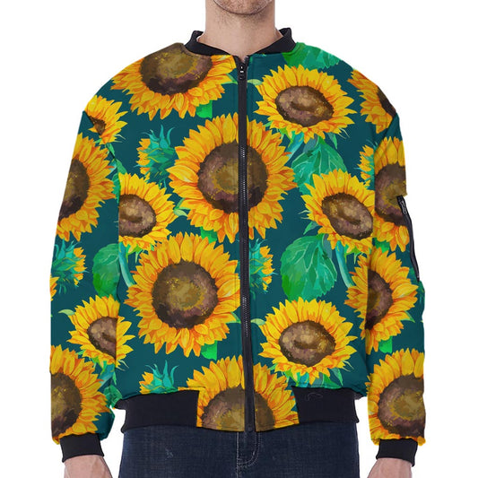 Green Watercolor Sunflower Pattern Print Zip Sleeve Bomber Jacket