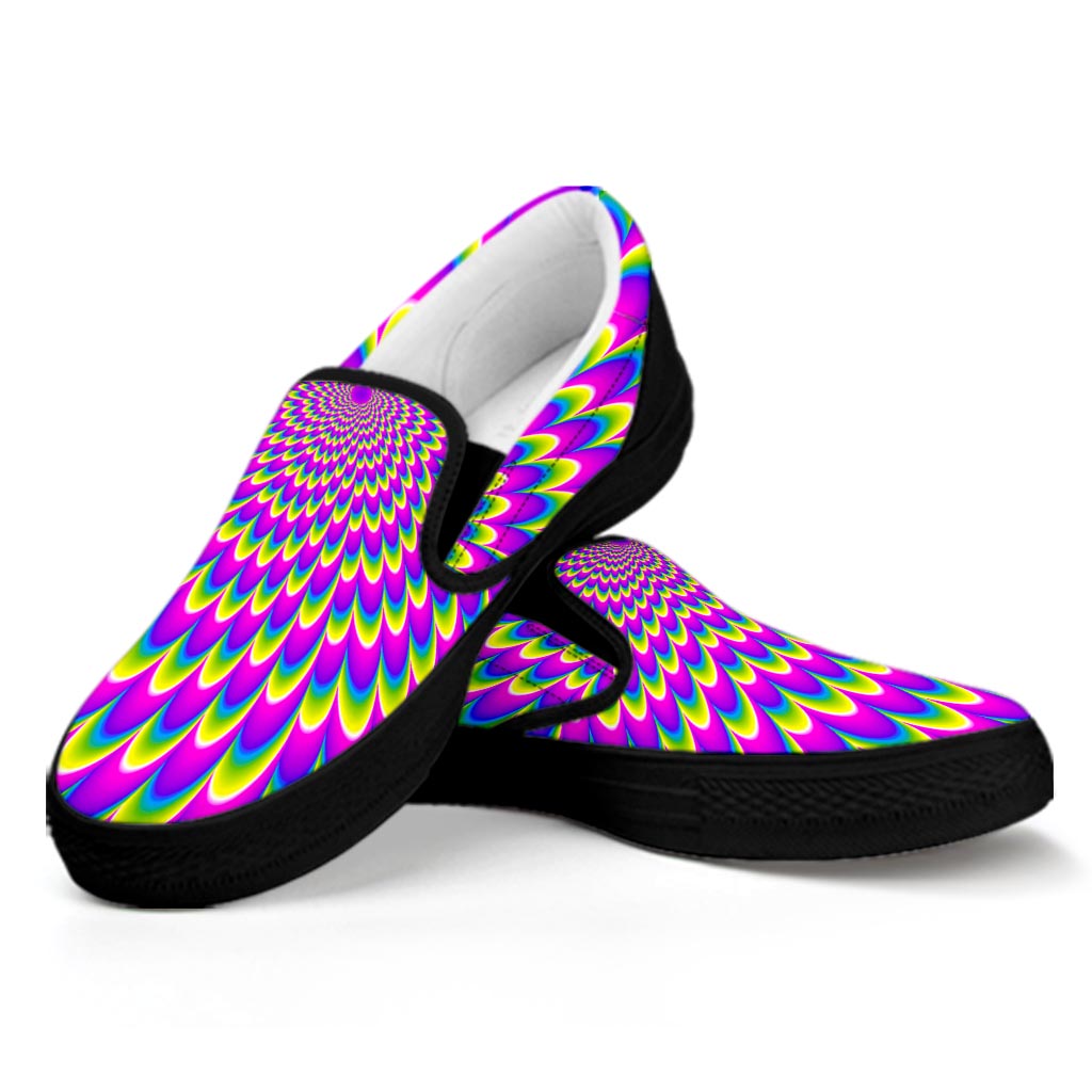 Green Wave Moving Optical Illusion Black Slip On Sneakers