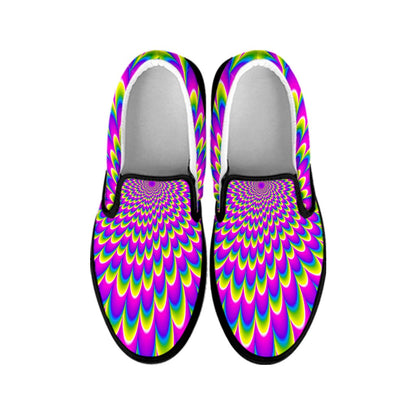 Green Wave Moving Optical Illusion Black Slip On Sneakers