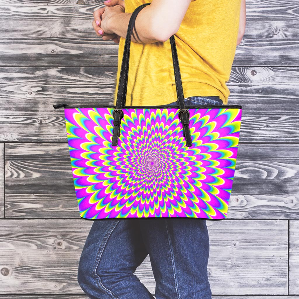 Green Wave Moving Optical Illusion Leather Tote Bag