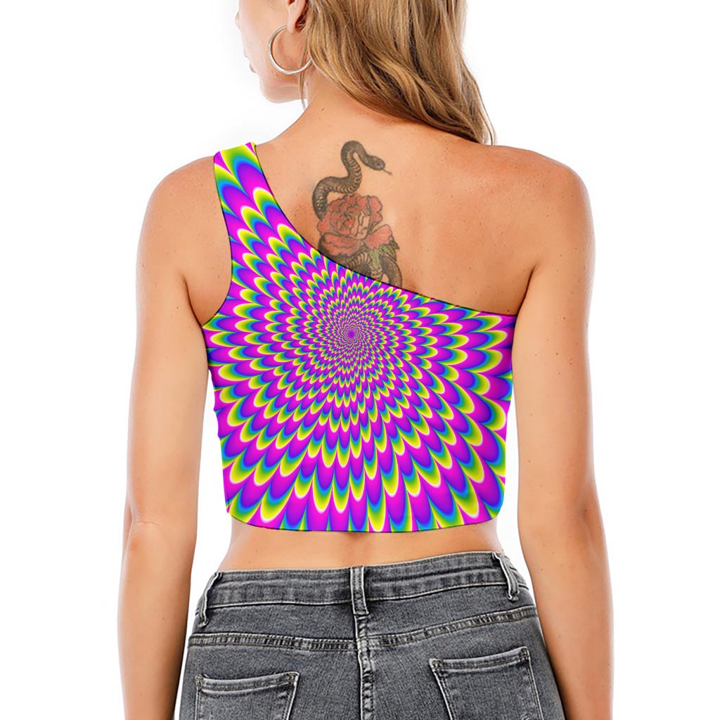Green Wave Moving Optical Illusion One Shoulder Crop Top