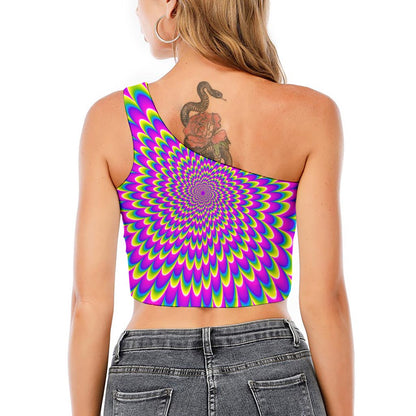 Green Wave Moving Optical Illusion One Shoulder Crop Top