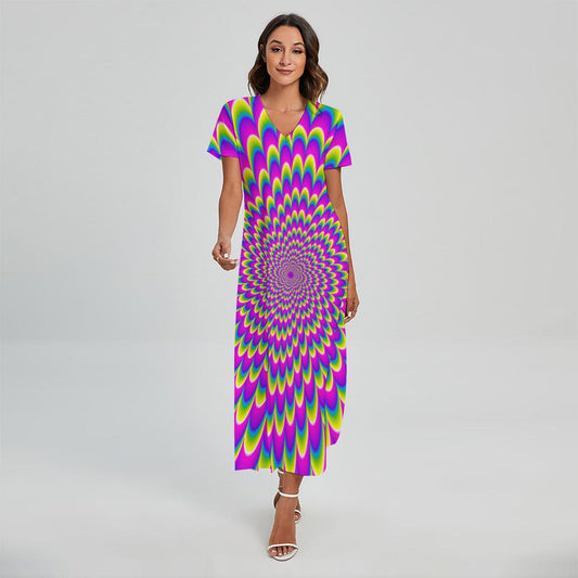 Green Wave Moving Optical Illusion Short Sleeve Maxi Dress
