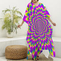 Green Wave Moving Optical Illusion Silk V-Neck Kaftan Dress