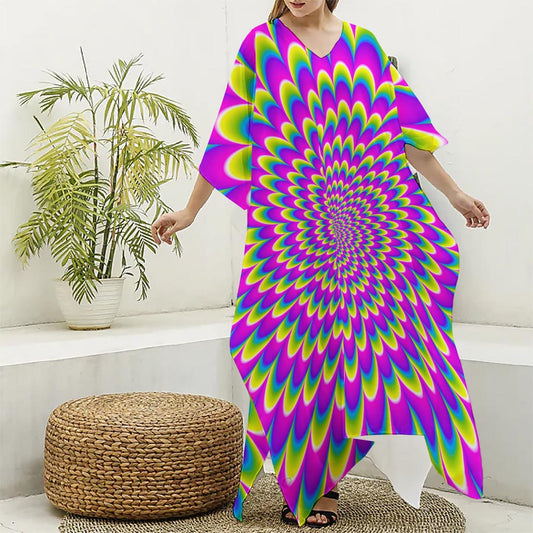 Green Wave Moving Optical Illusion Silk V-Neck Kaftan Dress