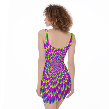 Green Wave Moving Optical Illusion Sleeveless Bodycon Dress