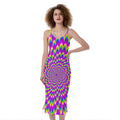 Green Wave Moving Optical Illusion Slim Fit Midi Cami Dress