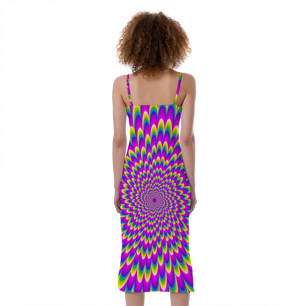 Green Wave Moving Optical Illusion Slim Fit Midi Cami Dress