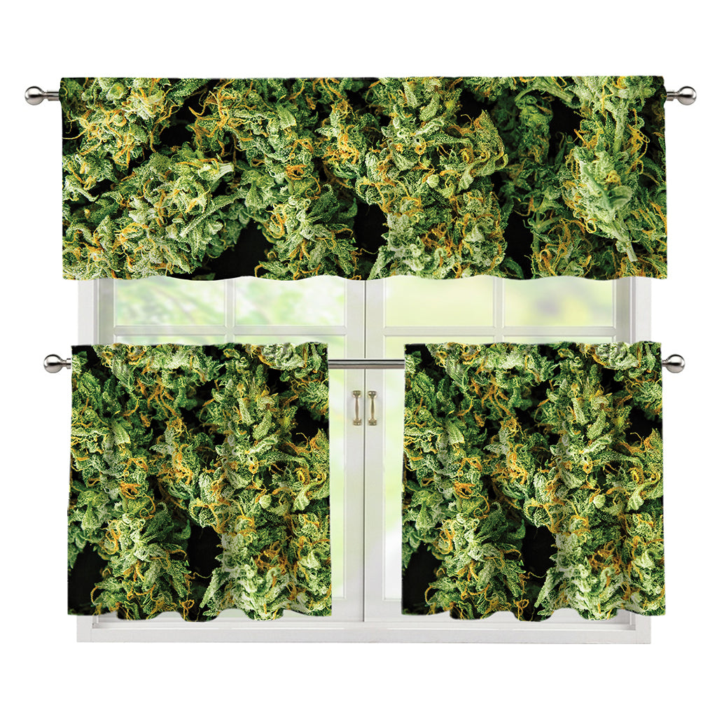 Green Weed Print 3 Piece Kitchen Curtains