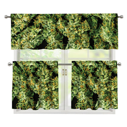 Green Weed Print 3 Piece Kitchen Curtains