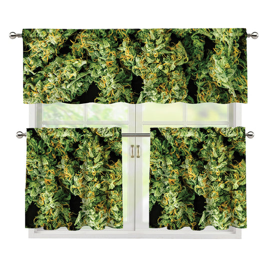 Green Weed Print 3 Piece Kitchen Curtains