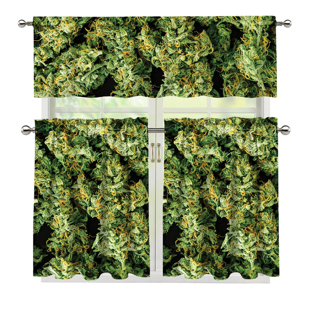 Green Weed Print 3 Piece Kitchen Curtains