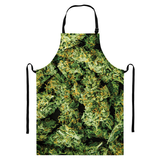 Green Weed Print Bib Apron With Pocket