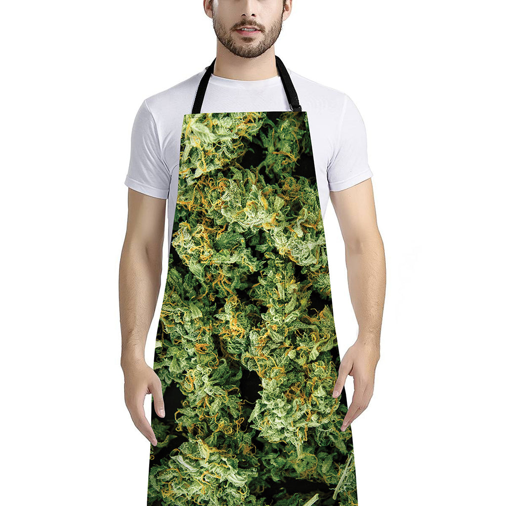 Green Weed Print Bib Apron With Pocket