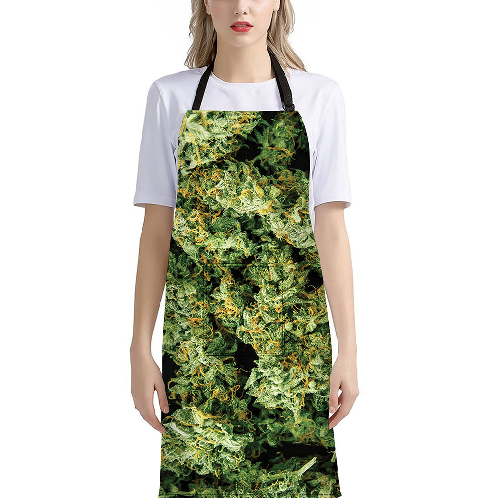 Green Weed Print Bib Apron With Pocket