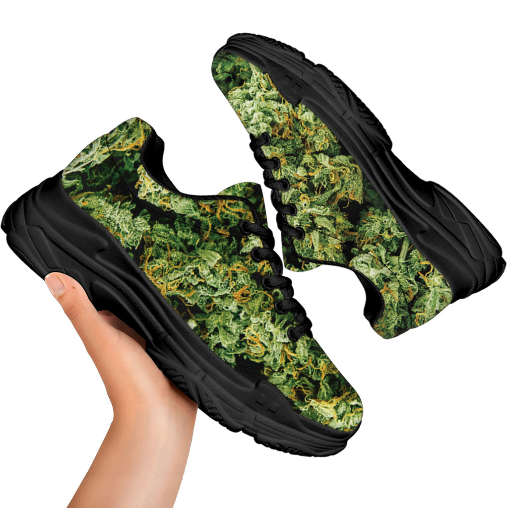 Green Weed Print Black Chunky Shoes