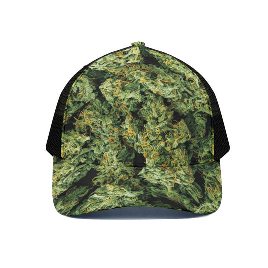 Green Weed Print Black Mesh Trucker Cap
