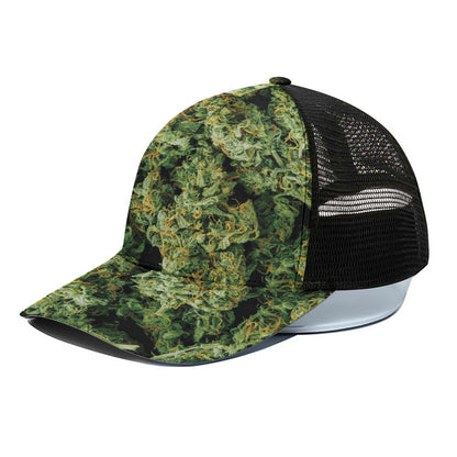 Green Weed Print Black Mesh Trucker Cap