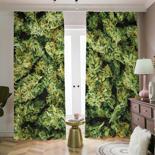 Green Weed Print Blackout Pencil Pleat Curtains
