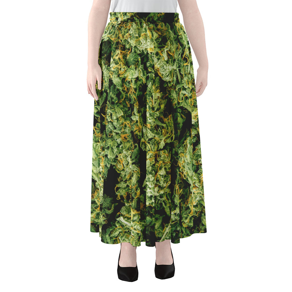 Green Weed Print Chiffon Maxi Skirt
