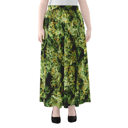 Green Weed Print Chiffon Maxi Skirt
